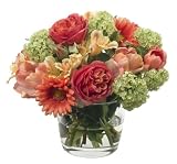FAB Flowers Coral Roses and Gerberas and Tulips with Fresh Green Snowball Hydrangeas, Glass Vase, 13 Inches Length x 11 Inches High