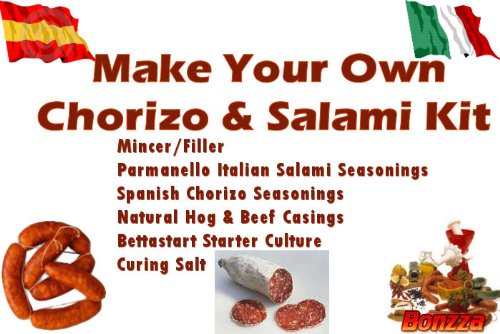 Make your own Spanish Chorizo & Italian Parmanello Salami Making Kits with Mincer Filler, Salami & Chorizo Seasoning, Beef Casings, Curing Salts, and Bessastart Culture with Full Instructions. Makes 5kgs of Salami. Boxed Set from Bonzza FREE UK Delivery