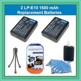 2 Canon LP-E10 1500 mAh Replacement Batteries for EOS 1100D, EOS Rebel T3, EOS Kiss X50 + LCD Screen Protectors + Cleaning Cloth + 3 Piece Lens Cleaning Kit