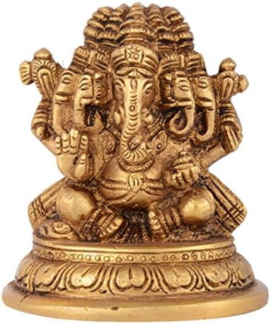 Headway Enterprises Brass Lord Panchmukhi Ganesha Idol (8 cm x 6 cm x 9 cm, Golden)