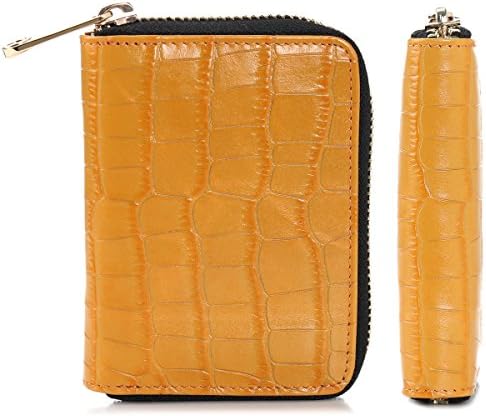OnePi Women's Genuine Leather Crocodile Embossed Zipper Around Businesss Card Holder - Free Bonus Gift Key Ring - Friendly Packaging (Yellow)