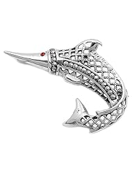 Sterling Silver Marcasite Brooch with Ruby CZ - FISH