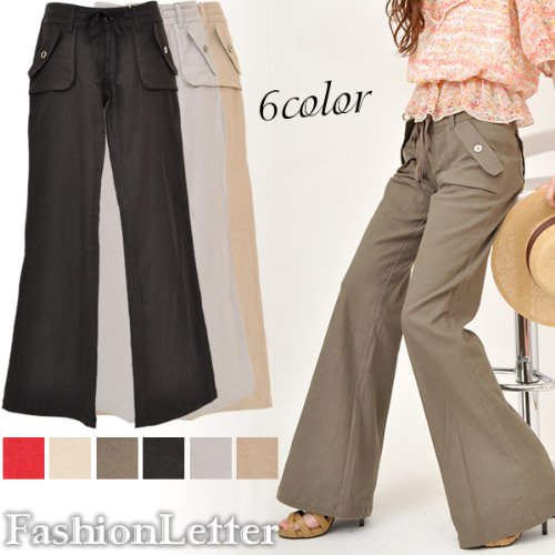 ワイドカーゴパンツ/バギーパンツ/ミリタリーパンツ/フレア/美脚/脚長/スリム/麻/ボトムス/レディース/D039-A