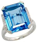 14k White Gold Large Stone Ring, w/ 0.10 Carat Brilliant Cut Diamonds & 11.43 Carats 16x12mm Emerald Cut Blue Topaz Stone, 5/8 (16mm) wide