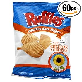 0 grams Trans fat. Made with 100% pure sunflower oil. Great news! The 2005 Dietary Guidelines recommended that most of the fats you eat be mono and polyunsaturated fats. Sunflower oil is 90% mono and polyunsaturated fats and has 0 grams of trans fats. Ruffles have ridges. original Ruffles Brand is the ultimate dip chip! With their thick ridges, Ruffles Potato Chips hold up to dip without breaking. So, if you're tired of broken chips in your dip, try Ruffles, the ultimate dip chip!