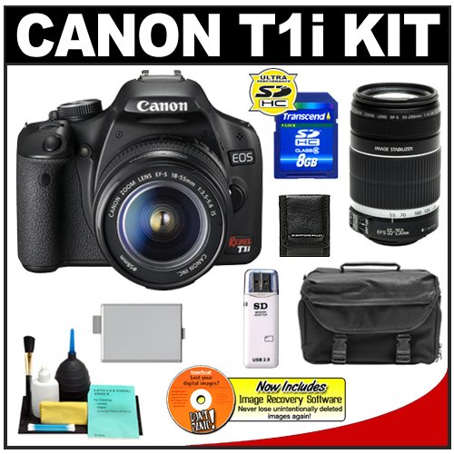 Canon EOS Rebel T1i 15.1MP Digital SLR Camera (Black) with Canon EF-S 18-55mm IS + 55-250mm f/4.0-5.6 IS Zoom Lens + 8GB Card + LP-E5 Battery + Case + Accessory Kit
