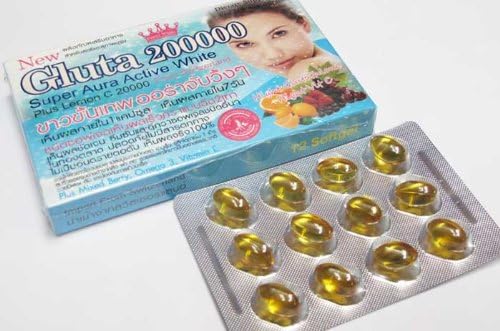 1 Pack/ 12 Capsules L-glutathione 200000 Mg. Softgel Super Aura Active Whitening Skin with Lemon C 20000mg and Mixed Berry Omega 3, Vitamin E