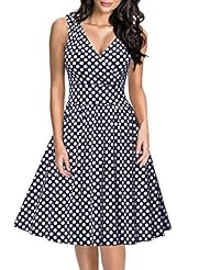 Sexy V-neck Polka Dot Print Flared-Skirt Sleeveless Cotton/Spandex Fitted Vintage Stretchy  Bridesmaid Dress  With a Bow(s)