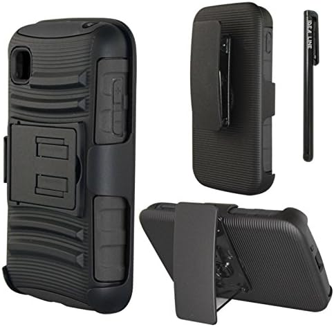 LG Optimus Dynamic II (LG39C L39C)IDEA LINE INC(TM)Black Skin Case Armor Shock Proof Heavy Duty With Swivel Belt Clip Cover with Stand Black Holster+Free Stylus Pen(Black/Black)