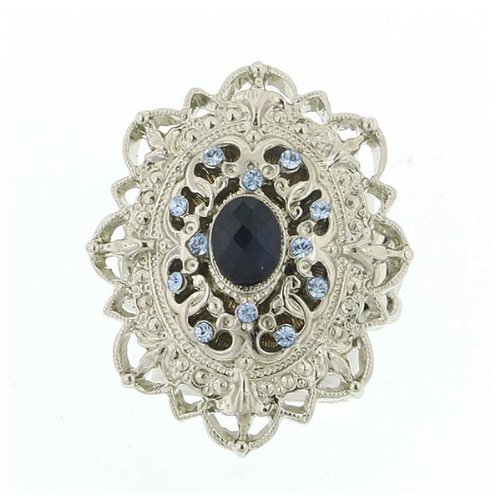 1928 Boutique Silver Tone Stretch Filigree Sapphire Fashion Ring One Size Fits All w/Gift Box