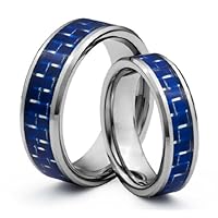 His and Her's 8MM/6MM Tungsten Carbide Wedding Band Ring Set w/ Blue Carbon Fiber Inlay (Available Sizes 4-14 Including Half Sizes)
