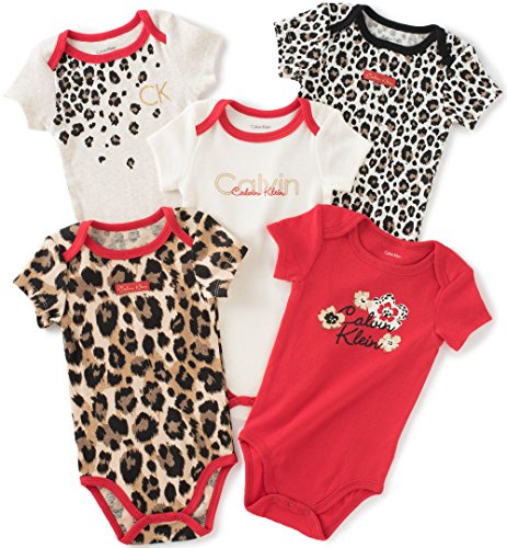 Calvin Klein Baby Girls' Assorted Short Sleeve Bodysuit, Red/Print, 0-3 Months (Pack of 5)