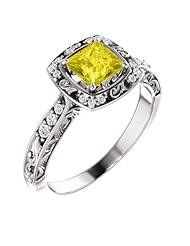 18K White Gold 5.00x5.00mm Princess Cut Yellow Sapphire and Diamond Ring -- LIFETIME WARRANTY
