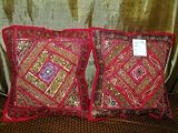 2 Electric Crimson Beaded Embroidered Cushion Covers Vintage Sari Pillow Covers 16x16 inches