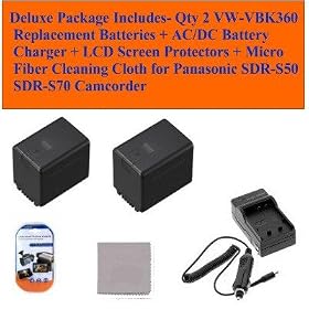 Deluxe Package Includes- Qty 2 Vw-vbk360 Replacement Batteries + Ac/dc Battery Charger + LCD Screen Protectors + Micro Fiber Cleaning Cloth for Panasonic Sdr-s50 Sdr-s70 Camcorder