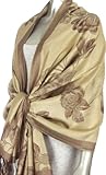 FUPashRose06AG Lightweight Two Tone Rose Floral Design Pashmina Fringe Scarf / Stole / Wrap - Beige / Brown