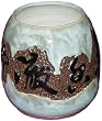 Asian jar / vase with etched chinese characters - 8"H, pale green, brown, black