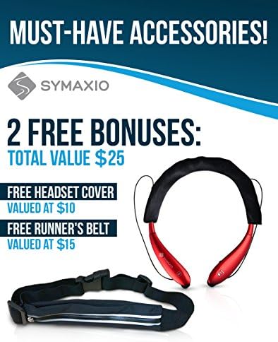 Symaxio Wireless Bluetooth Headset - Super Combo Pack with FREE Headset Cover And Running Belt - Noise Cancelling Headphones w/ Microphone For [ Sports / Running / Gym / Exercise / Sweatproof ] - Comptabile With All Bluetooth Devices including Apple and Android (Red)