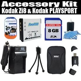 Exclusive Accessory Kit For The Kodak Zi8 Pocket Video Camera & Kodak PLAYSPORT Package Includes 8GB Memory + Kodak Klic-7004 Replacement battery (1100MAH) + 1 Hour Charger + Hard Shell Carrying Case, Flexible Tripod,+ More