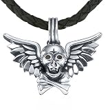 J.Goodman Sterling Silver Skull&Bones Black Diamond Pendant. 24" Leather Cord.
