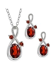 2.08 Ct Genuine Oval Red Garnet Gemstone Sterling Silver Pendant Earrings Set
