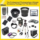 The Professional Photographers Ultimate Accessory Package For The Nikon D700 includes: 32GB Hi Speed Error Free Memory Card, Hi Speed Card Reader, 52mm Macro Lens Kit, 2 Replacement Batteries, Hard Flower lens Hood, 0.5x Professional Wide Angle Lens , 3.6X Telephoto Lens, 72 Inch tripod, Professional Digital Camera Swivel TTL Flash, Flash Diffuser, Hard Carrying Case, Lens Cleaning Kit, Screen Protectors, Flexible Mini Tripod and More...