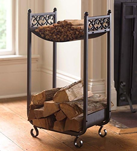 Plow & HearthCompact Log Rack | Cast Iron with Scrollwork Design | Two Shelves | Hearth Storage Solution | Firewood Storage | Kindling Organizer | Space Saver | 17½"W x 11" D x 31" H | Black