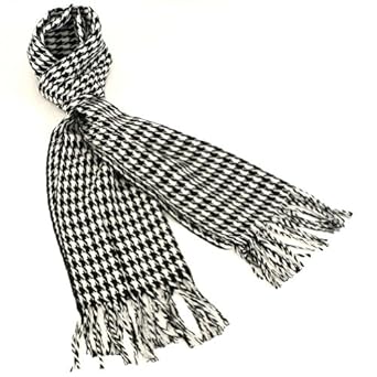 Men Winter Cashmere Feel Scarf Mid Houndstooth Black with White