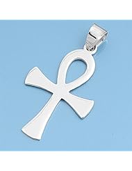 Sterling Silver Ankh Pendant Key of Life Cross Charm Solid 925 Italy New 40mm with 1.8mm Curb Chain