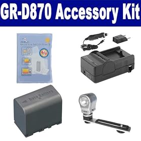 JVC GR-D870 Camcorder Accessory Kit includes: ZELCKSG Care & Cleaning, SDM-180 Charger, SDBNVF823 Battery, ZE-VLK18 On-Camera Lighting