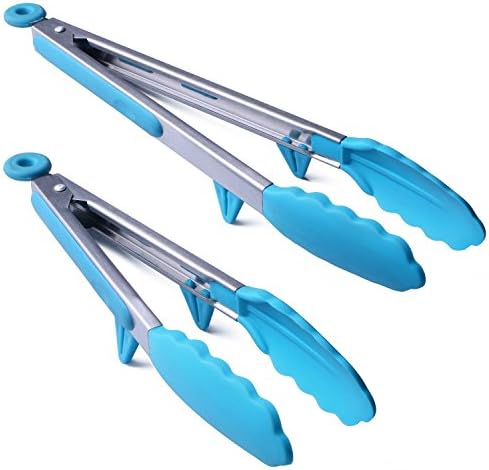 Kitchen Tongs Set, MANLEHOM Heavy Duty Salad Tongs (9 inch + 12 inch) Cooking Food BBQ Silicone Tongs Built in Stand With Silicone Tips (Light Blue)