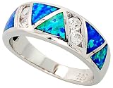 14K White Gold Rhodium Plated Sterling Silver Wedding & Engagement Ring Sterling Silver, Synthetic Opal Inlay Band in, w/ Brilliant Cut CZ stone Accents For Women 8MM ( Size 6 to 9)