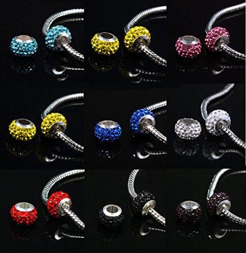 ORLEI 13pcs 13colors, each color/1pc 12*7mm Mixed Color Single Core Silver Plated Buckle European Crystal Rhinestone Charms Beads Fit for European DIY Jewelry Bracelets Bangles