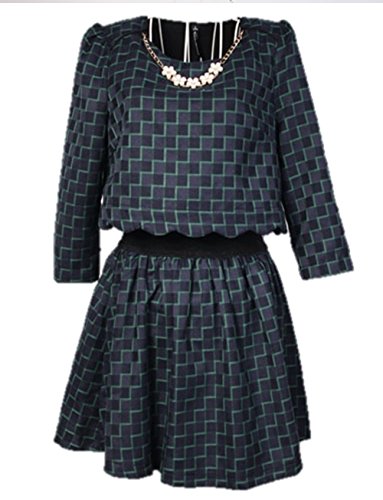 ワンピース 3色  格子柄 ウィンドチェック 2ピース風 ウエストゴム 7分袖 ラウンドネック フレアスカート  クラシックレトロ ミニ丈 エレガント 秋冬 クマのぬいぐるみ K-2129