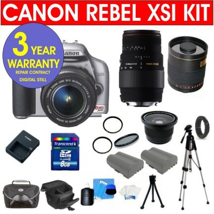Canon EOS Rebel XSI 12.2 MP Digital Camera (BLACK) w/ 18-55mm IS Lens Kit + Sigma 70-300MM Macro Zoom Lens + Rokinon 500mm F/8 Lens with 2x Converter (=1000mm) + High Definition .40X Super Wide Fisheye Lens + High Capacity Li-Ion Battery + 8 GB Memory Card + 50