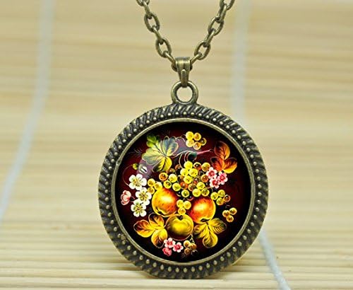 Fashion Jewelry Zhostovo Pendant Russian Folk Necklace Zhostovo Russian Folk Jewelry Glass Cabochon Necklace A1172