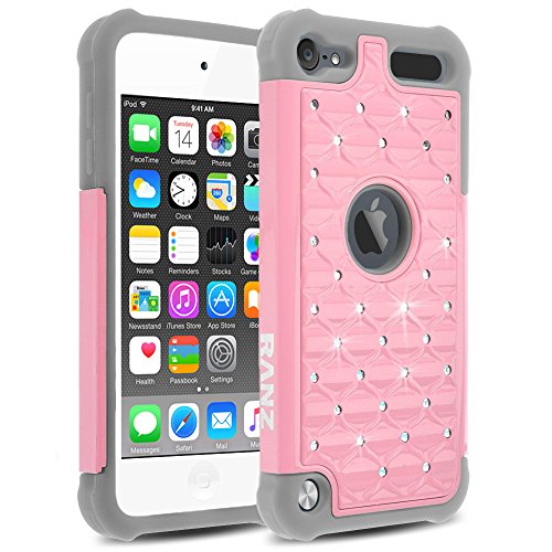 iPod Touch 6/ iPod Touch 5 Case, RANZ Grey/ Baby Pink Spot Diamond Studded Bling Crystal Rhinestone Dual Layer Hybrid Cover Silicone Rubber Skin Hard Case For Apple iPod Touch 6/ iPod Touch 5