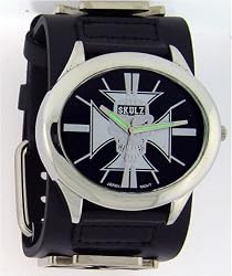 Skull Cross Silver Oval with Cross on Leather Band Trendy Design Round Steel Case Punk Rocker Biker Black Wide Leather Band Wrist Watch