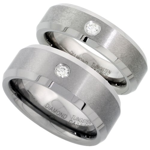 Tungsten 8 mm His & 6 mm hers Single Stone Comfort Fit Wedding Band Set, w/ .137 Total Carat (.065 & .072) Brilliant Cut Diamonds; Men\'s Sizes 8-13, Ladies\' Sizes 5-9.5