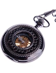 Skeleton Pocket Watch Chain Mechanical Hand Wind With Bronze Red Roman Numerals Half Hunter Vintage Antique Look - PW33