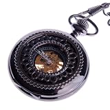 Skeleton Pocket Watch Chain Mechanical Hand Wind With Bronze Red Roman Numerals Half Hunter Vintage Antique Look – PW33