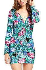 Sexy V-neck Floral Print Tropical Print Long Sleeves Bodycon Dress/Club Dress/Party Dress 