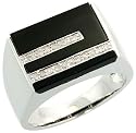 14k White Gold Men's Ring, w/ Fancy Cut Black Onyx Stone & 0.18 Carat Brilliant Cut Diamonds, 1/2" (13mm) wide