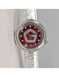 GRUEN Womens Swiss Red Dial Diamond Watch with Metallic Silver Leather Strap. Model: GSS23-06
