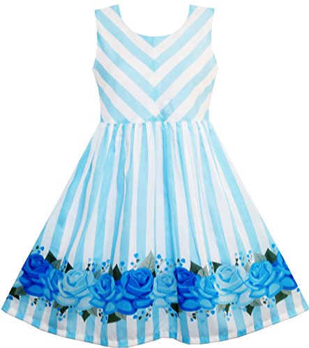 Sunny Fashion Girls Dress Striped Rose Print Tulle Blue