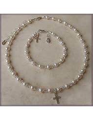 Sterling Silver Childrens First Communion Necklace and Bracelet Set for Girls with Freshwater Pearls & Crystals with Silver Cross Charm in Black Velvet Heart Gift Box, 6-11 years (Necklace measures 12-14" and Bracelet 6 - 6.5" adjustable)