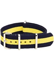 18mm Classic SS Nylon Striped Navy Blue / Yellow - Easily Interchangeable Replacement Military Watch Strap / Band - Fits All Watches!!!