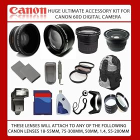 Huge 16GB Ultimate Lens Accessory Kit For Canon EOS 60D Digital Camera Includes: Wide Angle Macro Lens, 2x Telephoto Lens, 3 Piece Filter Kit, 2 Extra Batteries, External Travel Charger, Wireless Remote, Monopod, 16GB SDHC Card and more...