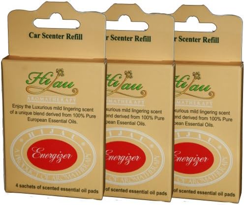 Natural Car Air Freshener - 12 Scented Pads (3 Refill Boxes) of ENERGIZER Aromatherapy Blend (Clove, Rosemary, Ginger...) - Pure 100% Essential Oils - Plus 1 Peppermint & 1 Cedarwood Scented Pads