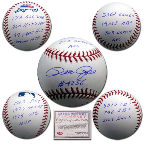 Pete Rose Cincinnati Reds Hand Signed Rawlings MLB Baseball with Stat Ball Inscription